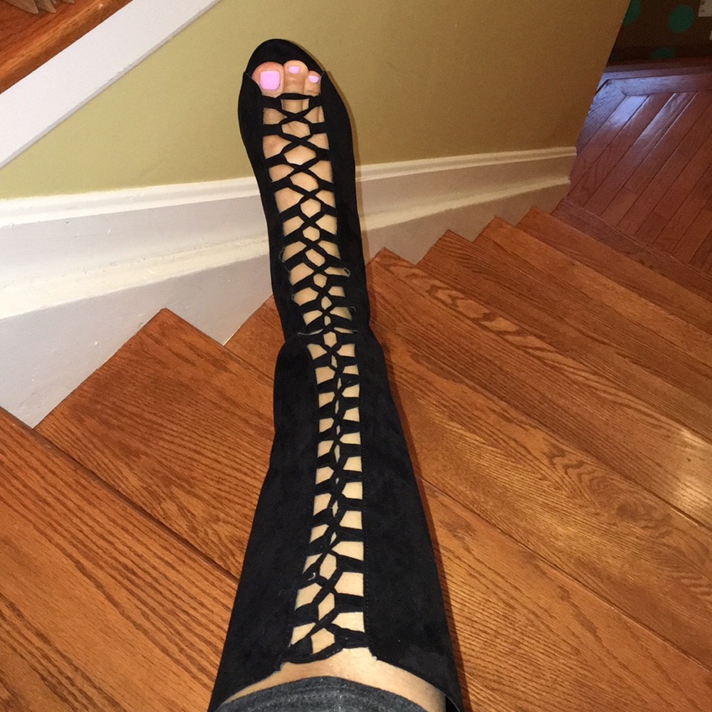 Black suede adjustable tie up knee high boots